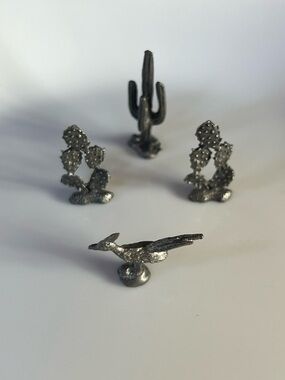 Miniature Desert Cactus and Roadrunner Pewter Figurines Western Decor